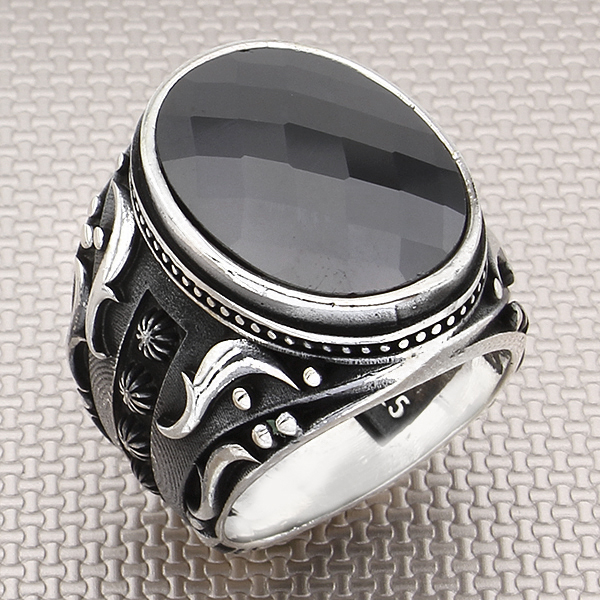 Gothic Design Men Ring Hematite Stone 925 Sterling