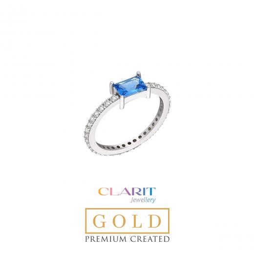 Created Aquamarine Stone Clarit Jewellery 14 K White Gold Baguette Ring