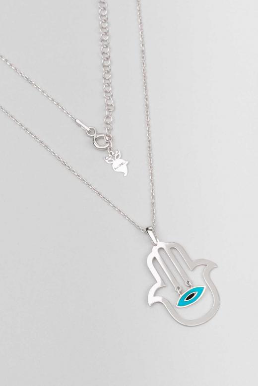 Hamsa Design Silver Necklace with Enamel...