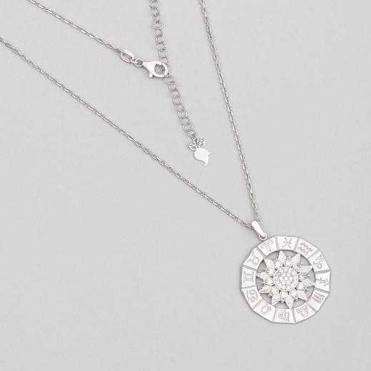 Silver Necklace Medallion Zodiac Design Zircon Stone 925 Sterling 
