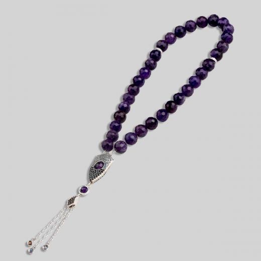 Natural Stone Amatist Worry Beads 925 Sterling Silver